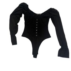 PrettyLittleThing Black Mesh Corset‎ Bodysuit Long Puff Sleeve Snap Closure